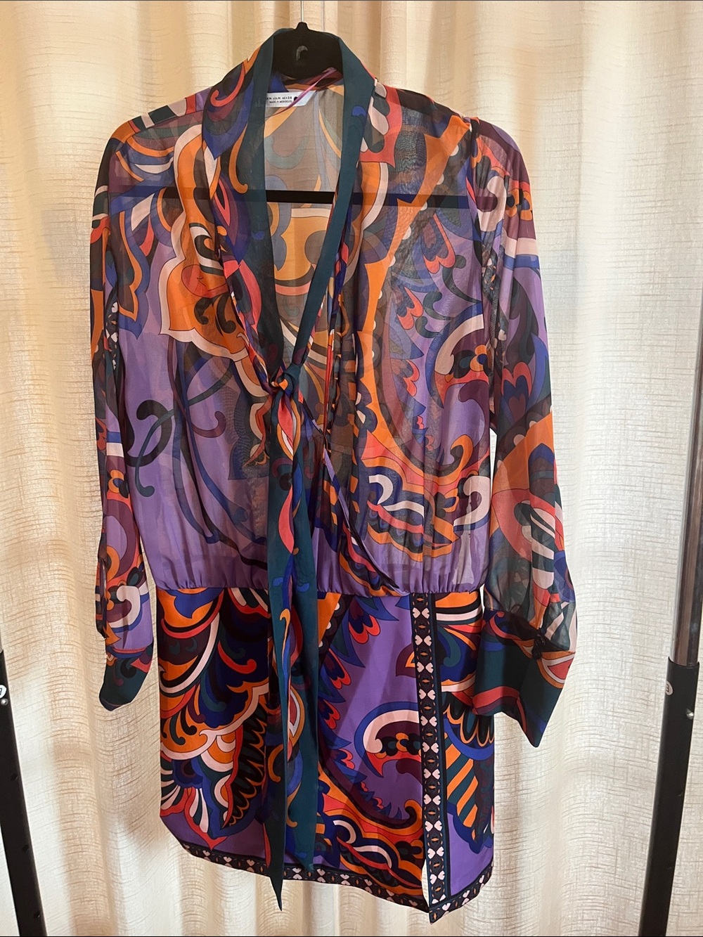 Zara Purple & Orange Abstract Tie-Neck Sheer Dress Top